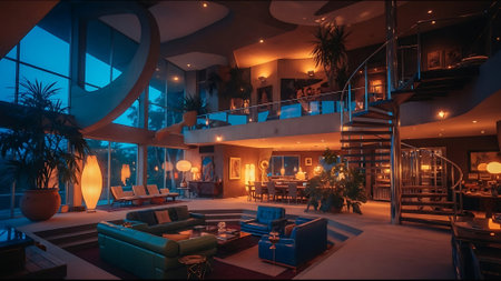 Interior of a hotel swimming pool. Night view. 3d renderingの素材