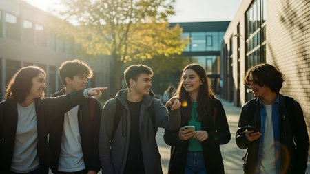 Group of young people walking in the city and holding mobile phones.の素材
