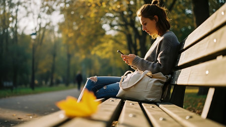 Young woman using mobile phone while sitting on a bench in the parkの素材