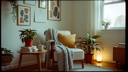 Cozy living room interior with armchair, coffee cup, plaid and plants.の素材