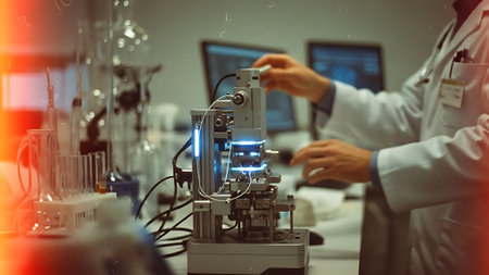 scientist working with modern microscope in laboratory. science and technology concept.の素材