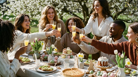 Group of multiethnic friends having picnic in garden, clinking glasses with champagneの素材