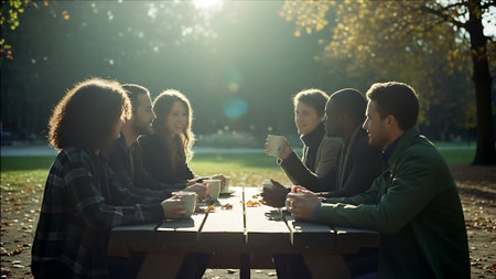 Group of young friends sitting at a table in the park and drinking coffeeの素材