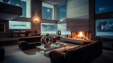 Interior of a modern living room with fireplace and wooden walls.の素材