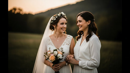 Beautiful wedding couple, bride and groom posing in the park at sunsetの素材