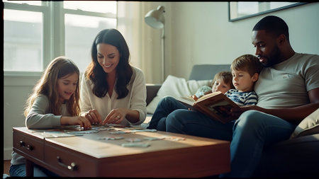 Happy family. Mother, father and children playing board games together.の素材