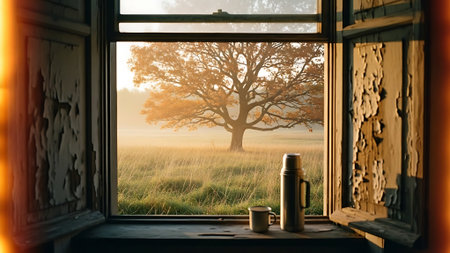 A cup of hot tea on the windowsill in the autumn morning.の素材