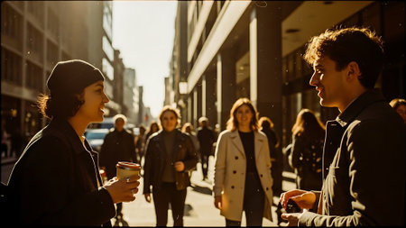 Young couple walking in the city on a sunny day with a cup of coffeeの素材