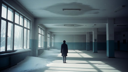 Silhouette of businessman standing in empty office hall. Mixed mediaの素材