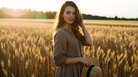 Beautiful young woman in a wheat field at sunset. Beauty, fashion.の素材