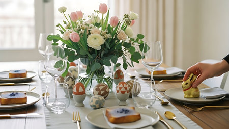 Easter table setting with cutlery and flowers in vaseの素材
