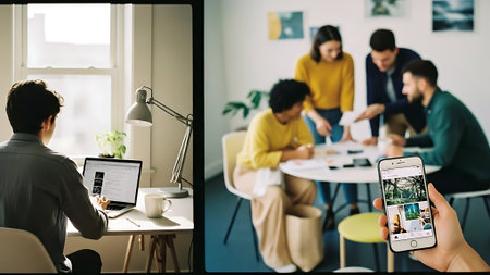 Collage of young business people working together in modern office. Selective focusの素材