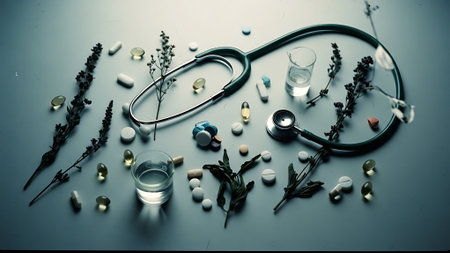 Stethoscope, pills and herbs on a white background. Toned.の素材