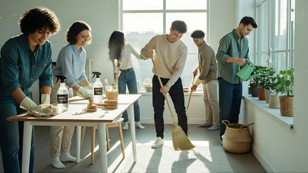 Group of young multiethnic friends doing housework together at homeの素材