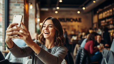 Cheerful young woman taking a selfie with smartphone in a cafeの素材