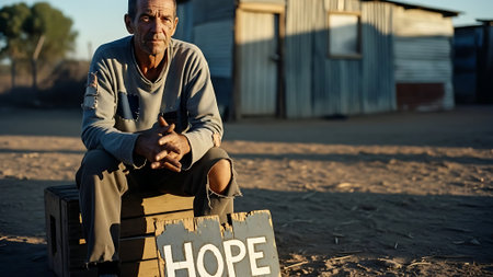 Man Sitting Outdoors Holding Sign with the Word Hopeの素材