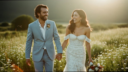 Bride and groom on the field of daisies. Wedding coupleの素材