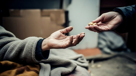 Hands Exchanging Food in a Quiet Outdoor Settingの素材