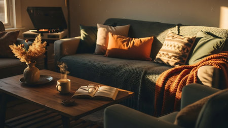 Cozy living room interior with sofa, coffee cup, book and orange cushionsの素材