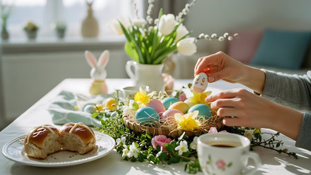 Woman decorating easter eggs on table at home, closeupの素材