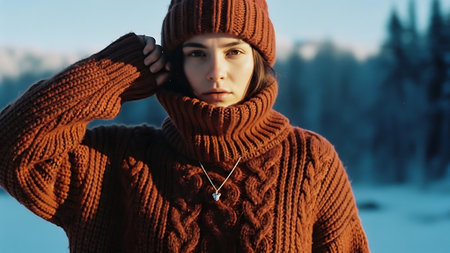 Beautiful young woman in warm knitted sweater and hat in winter forestの素材