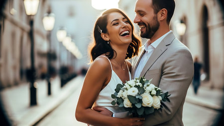 Wedding couple is hugging and smiling while walking in the cityの素材