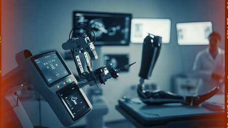 Modern medical equipment in modern operating room. 3d rendering toned imageの素材