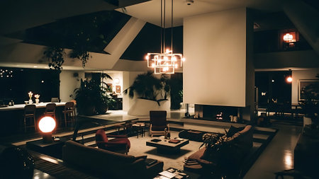 Interior of a modern restaurant at night. Toned image.の素材