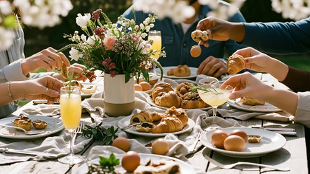Cropped image of people sitting at table and having breakfast in gardenの素材