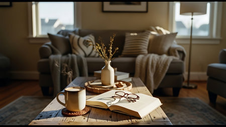 Cozy living room with coffee cup and book on a wooden tableの素材