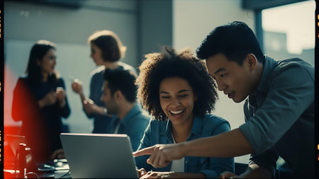 Young business people working together in modern office. People using laptop. Teamwork conceptの素材