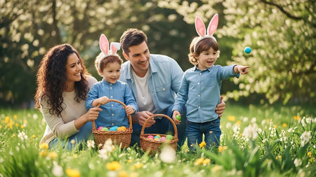 happy family with bunny ears and easter eggs in spring blooming gardenの素材