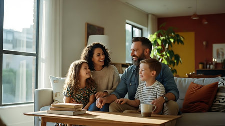 Happy family spending time together at home. Mother, father and children sitting on sofa and drinking coffee.の素材