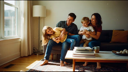Happy family at home. Mother, father, children and son.の素材