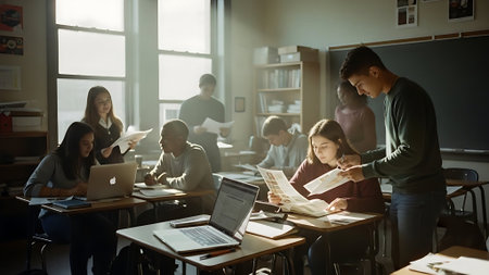 Group of students studying together in classroom. Young man and woman sitting at desk and studying.の素材