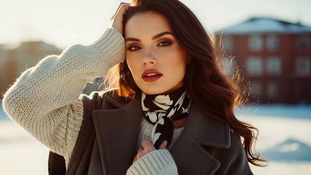fashion outdoor photo of beautiful sensual woman with dark hair in elegant clothes posing in winter parkの素材