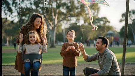 Happy family playing with a kite in the park on a sunny dayの素材