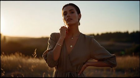 Portrait of a beautiful brunette girl in a beige dress at sunsetの素材