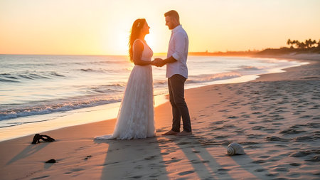 Beautiful bride and groom on the beach at sunset. Wedding coupleの素材