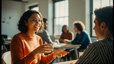 Portrait of a smiling young woman talking to her colleague in the officeの素材
