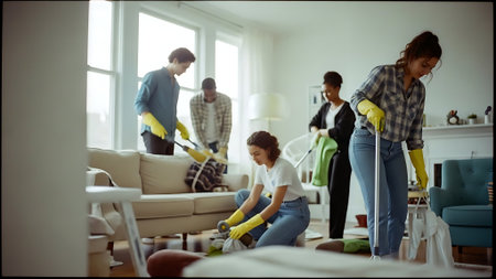 Group of young people cleaning the living room with a broom and sprayの素材