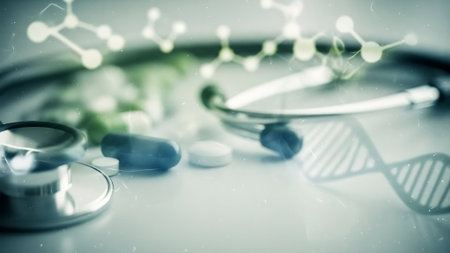 Stethoscope and pills on a table with a medical background.の素材