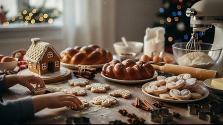 Cute little girl baking cookies for Christmas at home in the kitchenの素材
