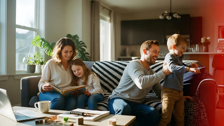 Happy family of three reading a book together at home in the living roomの素材
