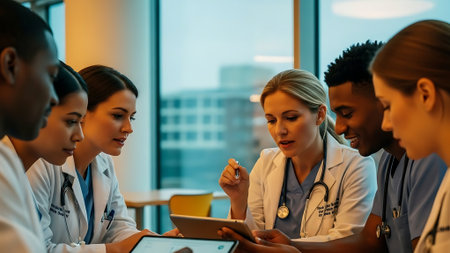 group of doctors with tablet pc computer discussing something while standing in hospitalの素材