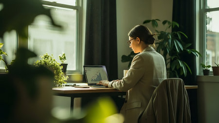 young businesswoman in eyeglasses using laptop while sitting at table in officeの素材