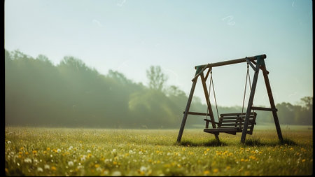 Wooden swing on the meadow in the morning. 3D renderingの素材