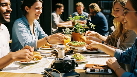 Group of young people sitting at table in cafe and eating croissantsの素材