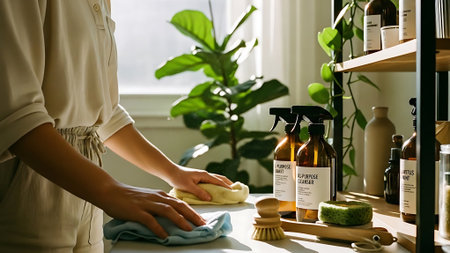 Female hands with sponge and bottles of cosmetic products at table in bathroomの素材