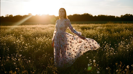 Beautiful young woman in a long dress in the field at sunsetの素材